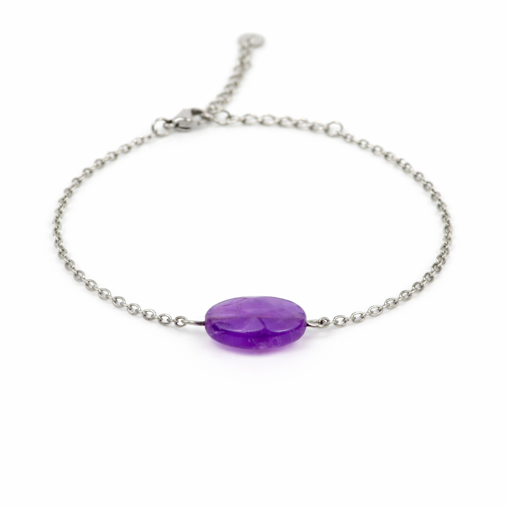 Armband gemaakt van stainless steel met ovalen amethist