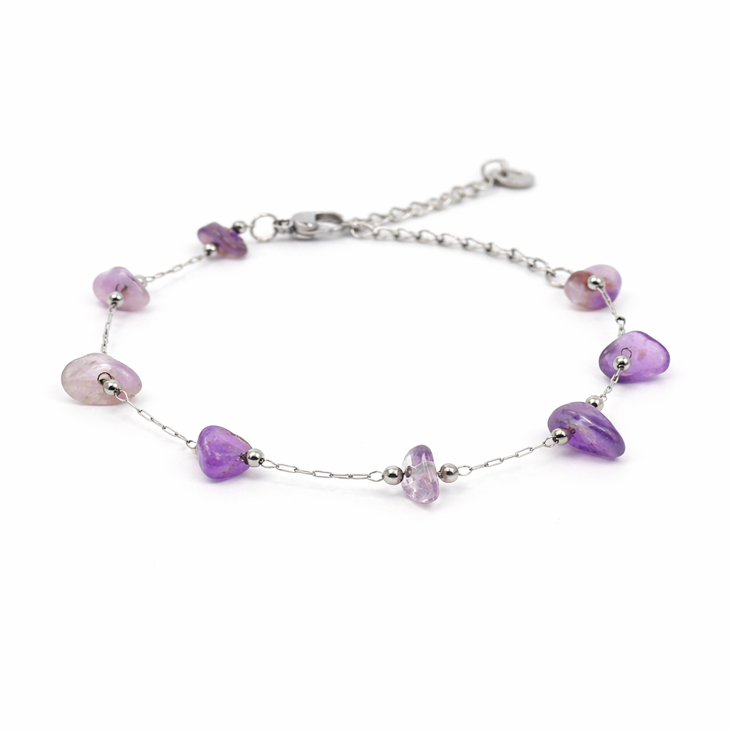 Armband gemaakt van stainless steel met amethist edelsteen chips