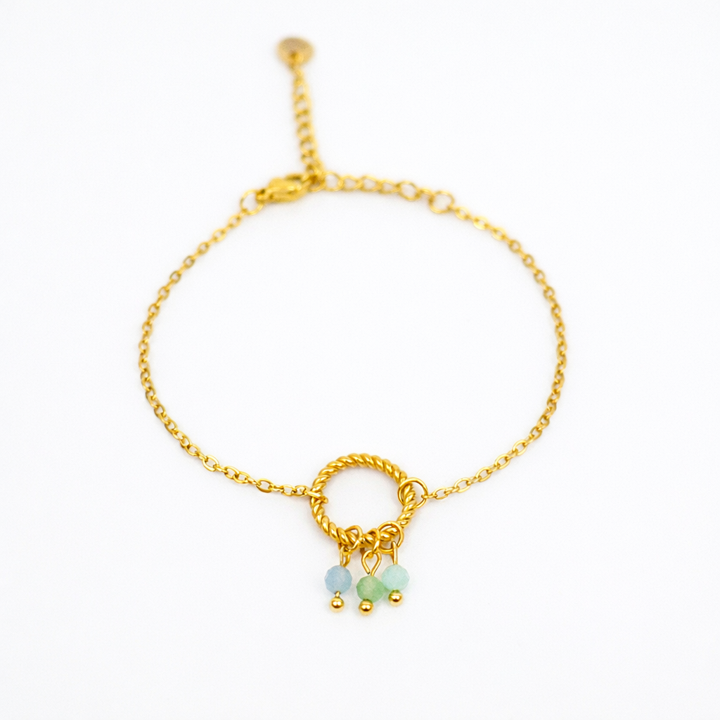 Armband van goldplated stainless steel met facetgeslepen amazoniet, aventurijn en aquamarijn