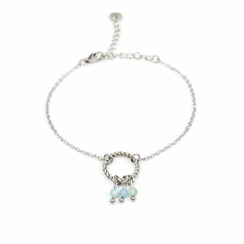 Armband gemaakt van stainless steel met facetgeslepen aventurijn, aquamarijn en amazoniet