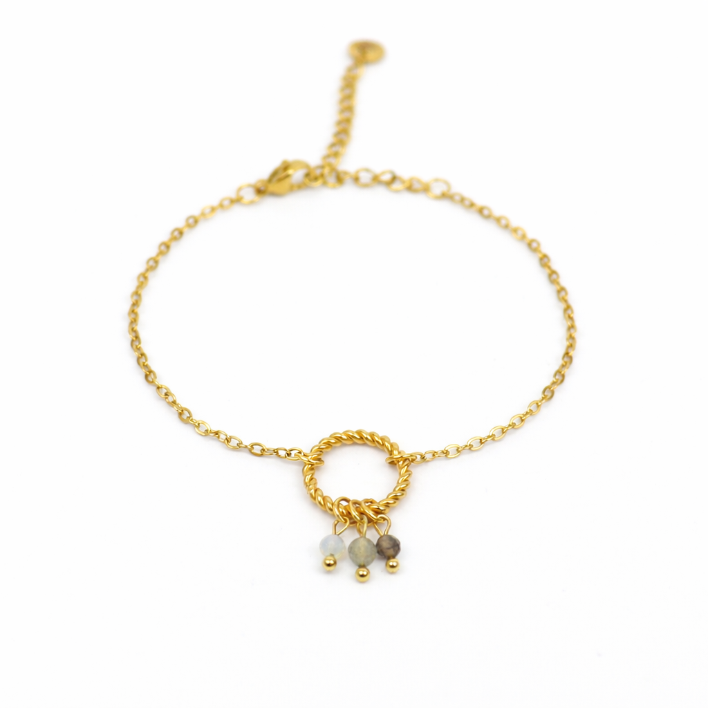 Armband van goldplated stainless steel met facetgeslepen opaliet, labradoriet en rookkwarts