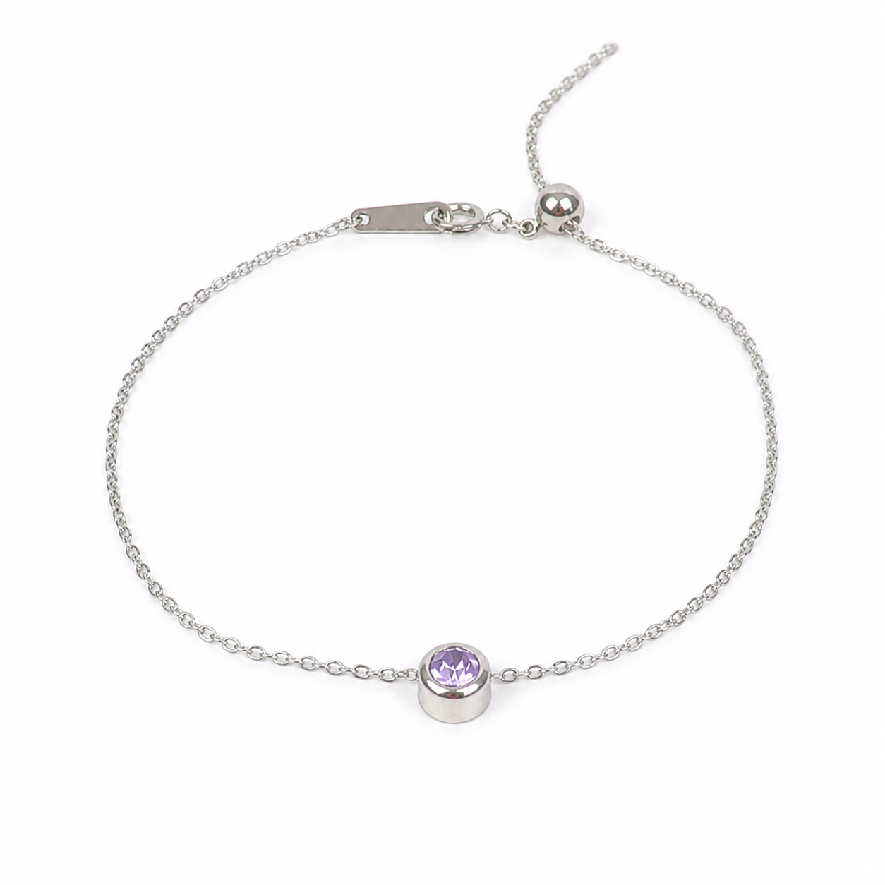 Armband gemaakt van stainless steel met geboortesteen van februari: lichte amethist