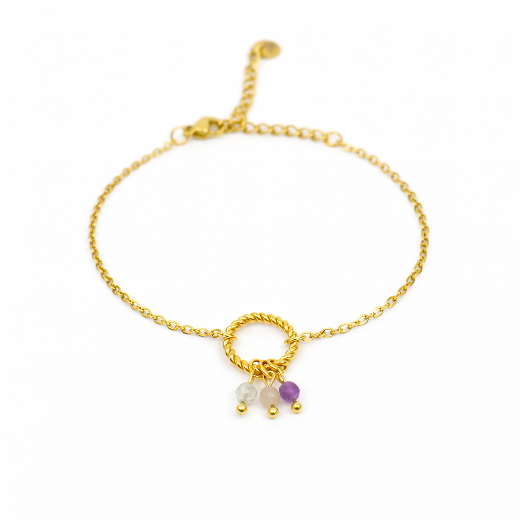 Armband van goldplated stainless steel met facetgeslepen amethist, rozenkwarts en labradoriet