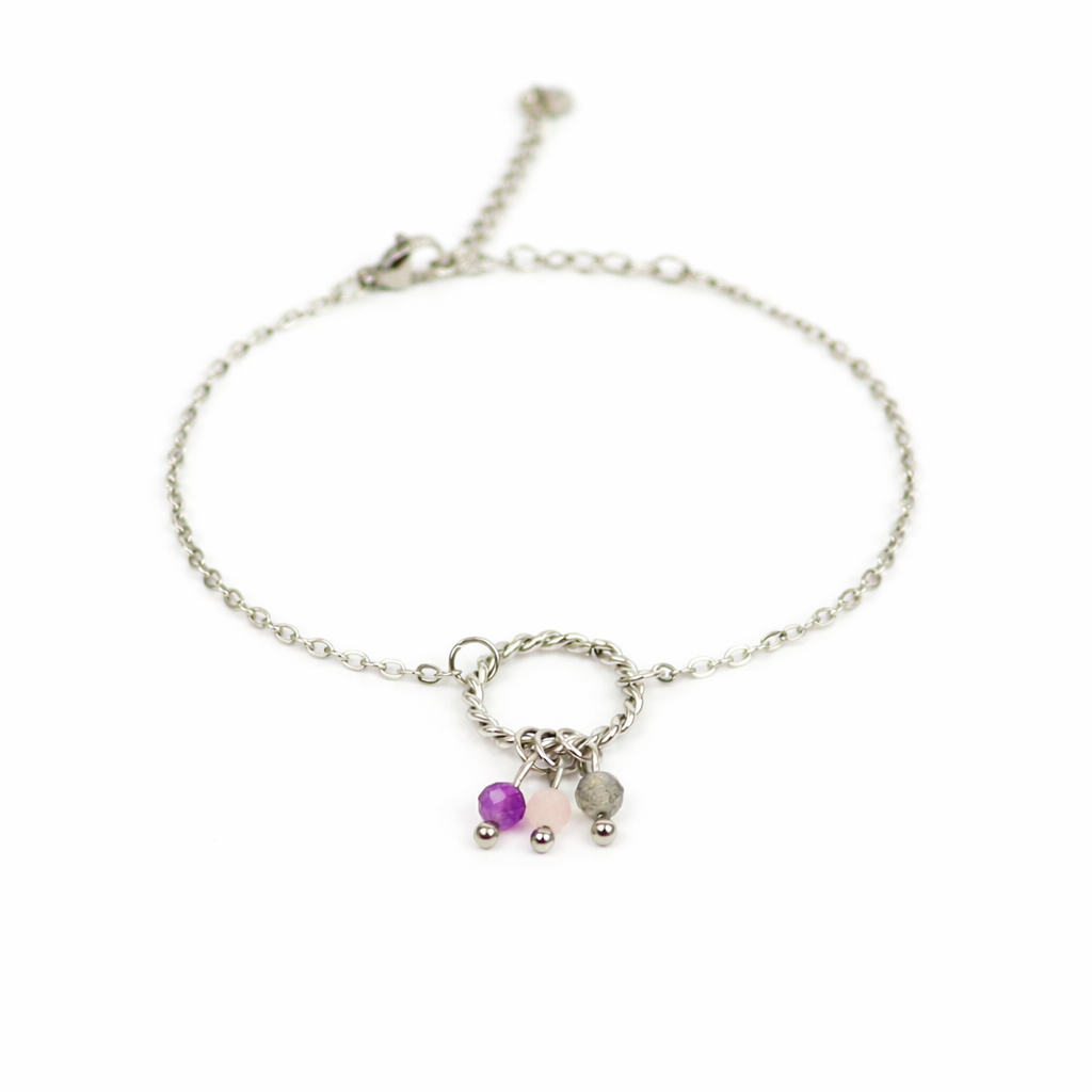 Armband gemaakt van stainless steel met facetgeslepen amethist, rozenkwarts en labradoriet