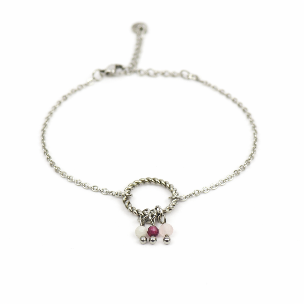 Armband gemaakt van stainless steel met facetgeslepen maansteen, granaat en rozenkwarts