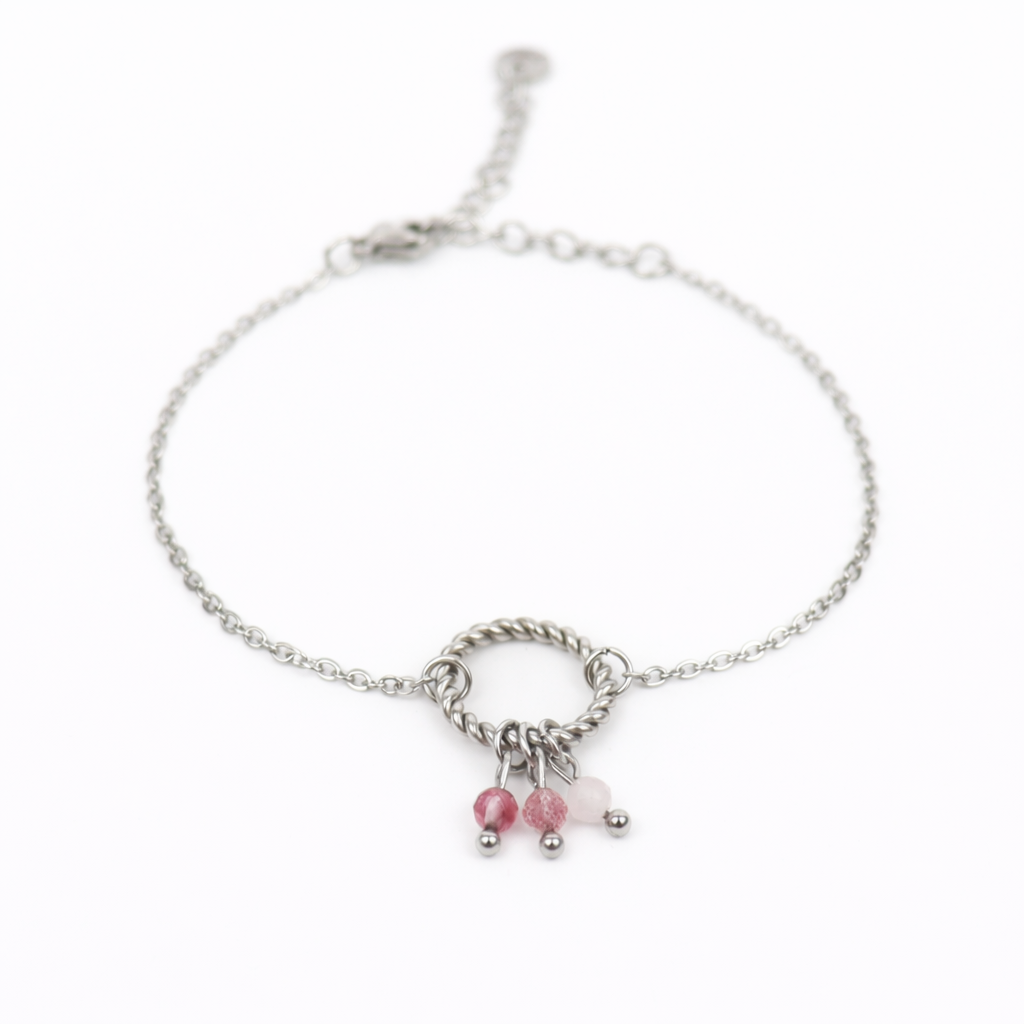 Armband gemaakt van stainless steel met facetgeslepen toermalijn, aardbeienkwarts en rozenkwarts