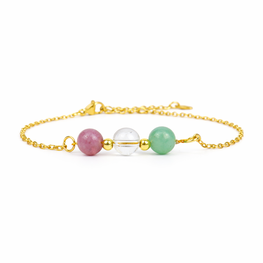 Armband van goldplated stainless steel met de 3 edelstenen die passen bij het sterrenbeeld maagd: lepidoliet, bergkristal en amazoniet