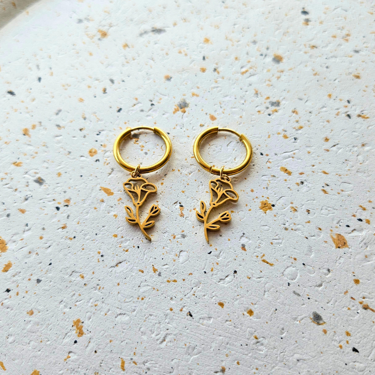 Oorbellen van goldplated stainless steel met geboortebloem van september: de dagbloem