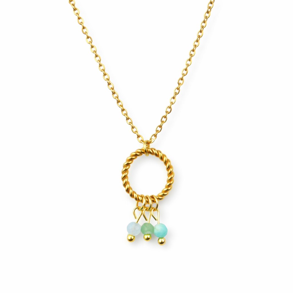 Ketting van goldplated stainless steel met aquamarijn, aventurijn en amazoniet