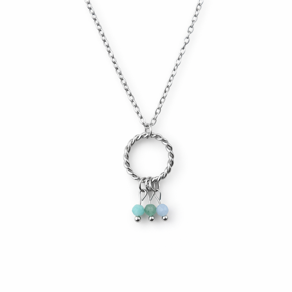 Ketting gemaakt van stainless steel met aquamarijn, aventurijn en amazoniet