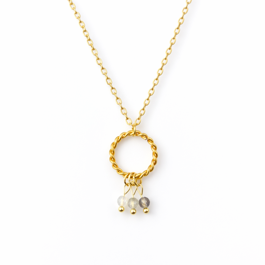 Ketting van goldplated stainless steel met rookkwarts, labradoriet en opaliet