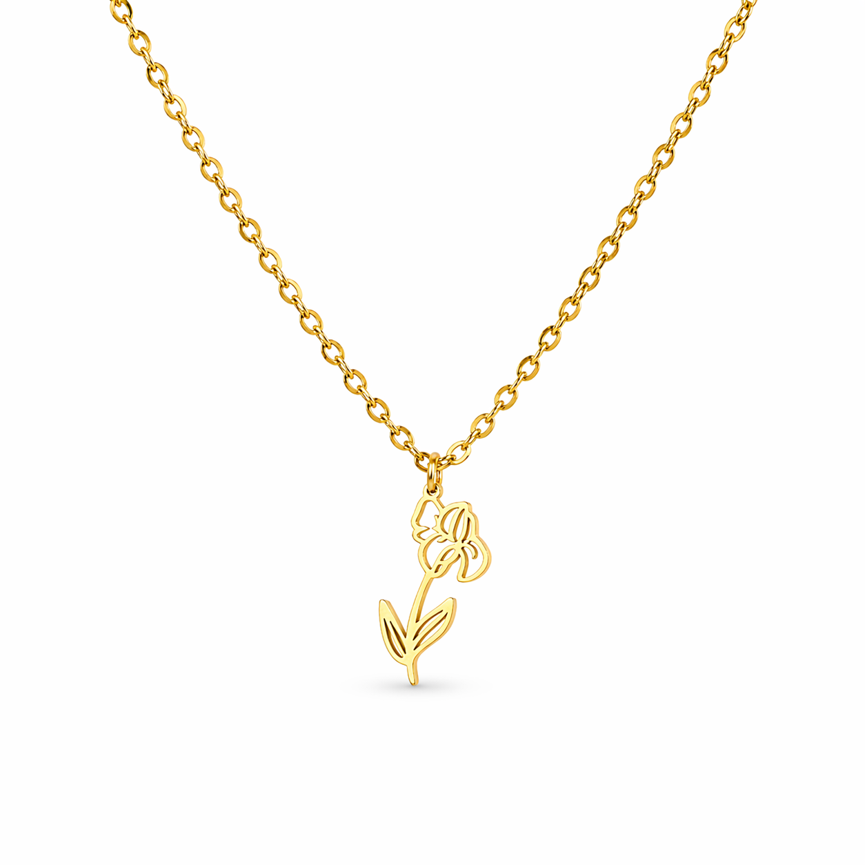 Ketting van goldplated stainless steel met geboortebloem van februari: de iris
