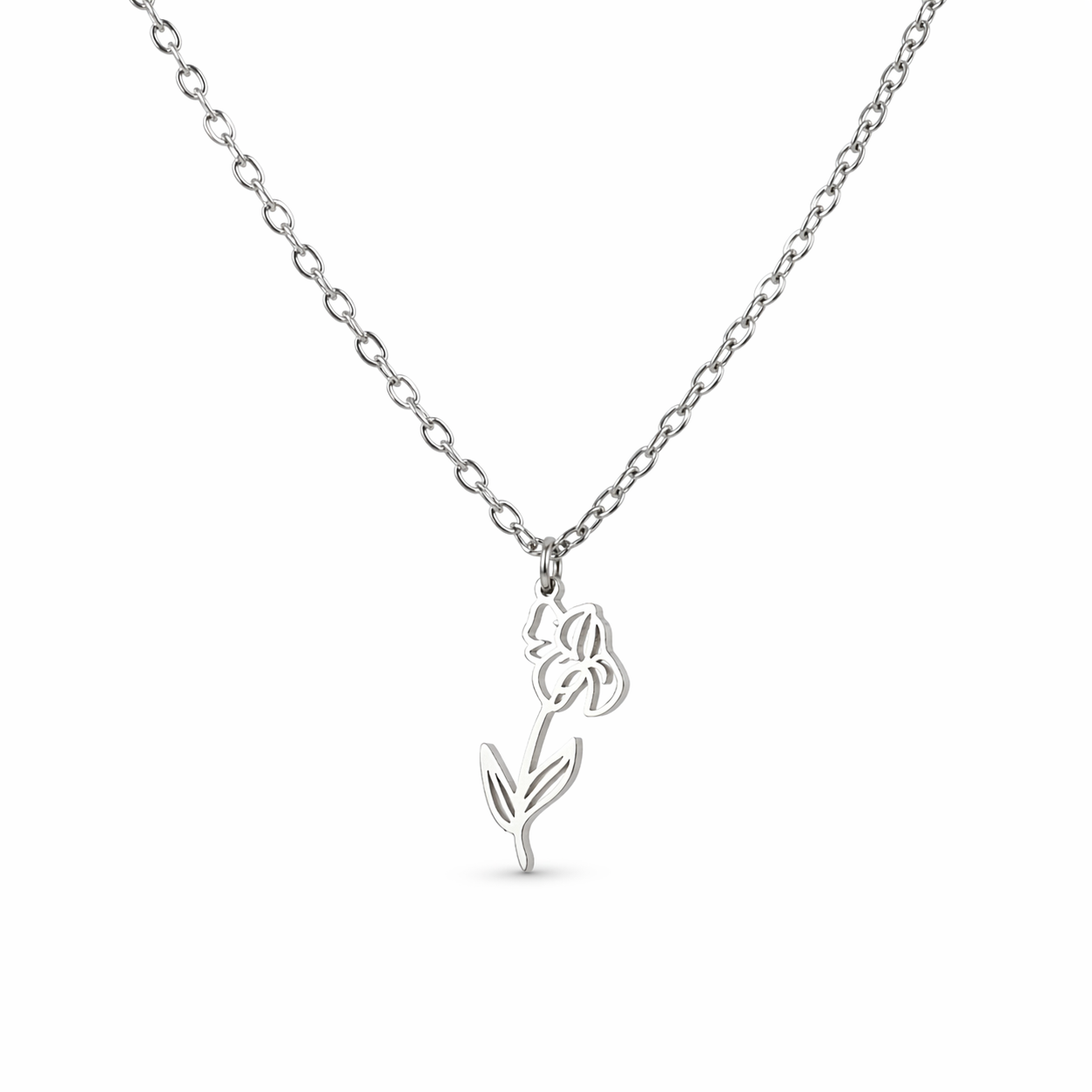 Ketting gemaakt van stainless steel met geboortebloem van februari: de iris