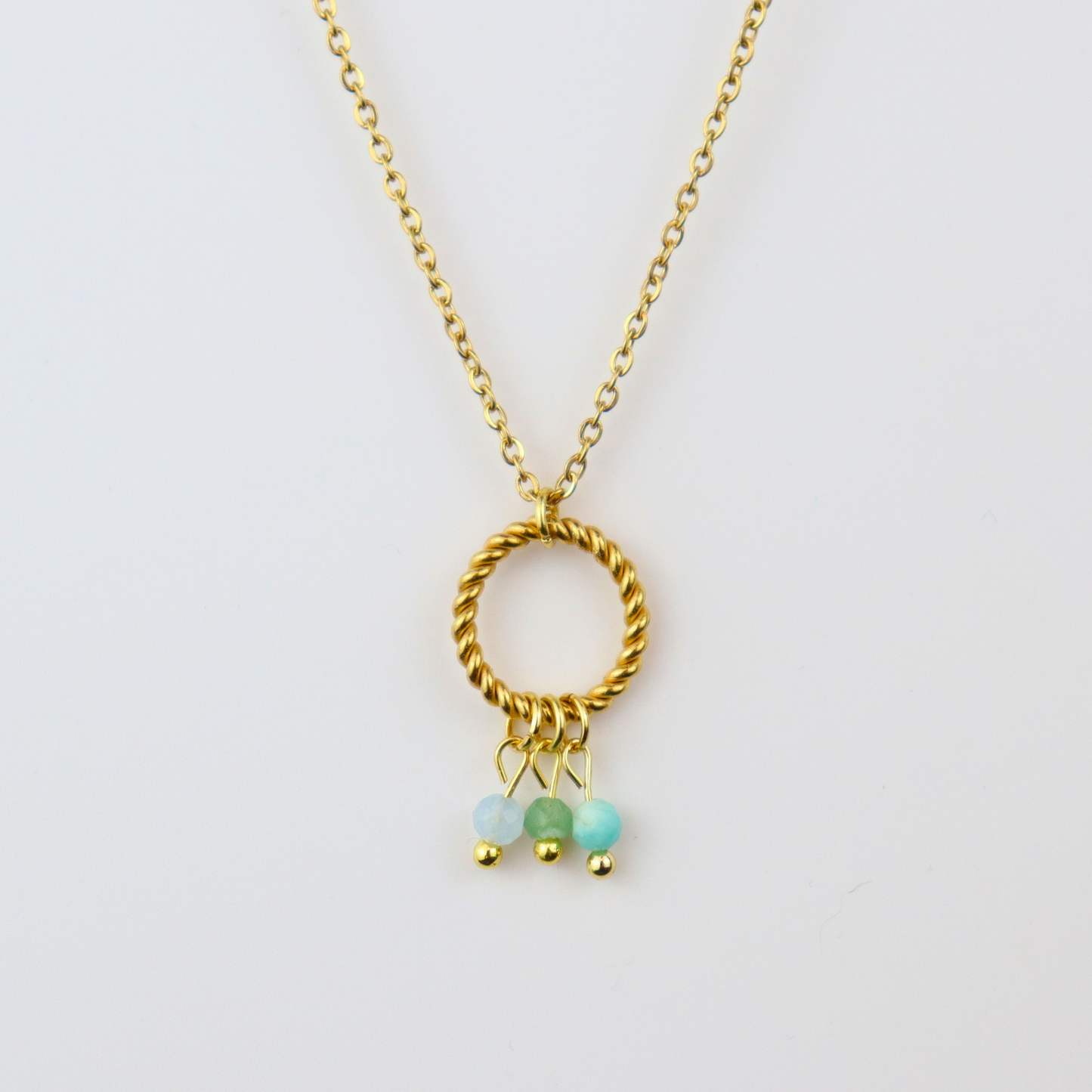 Ketting van goldplated stainless steel met aquamarijn, aventurijn en amazoniet