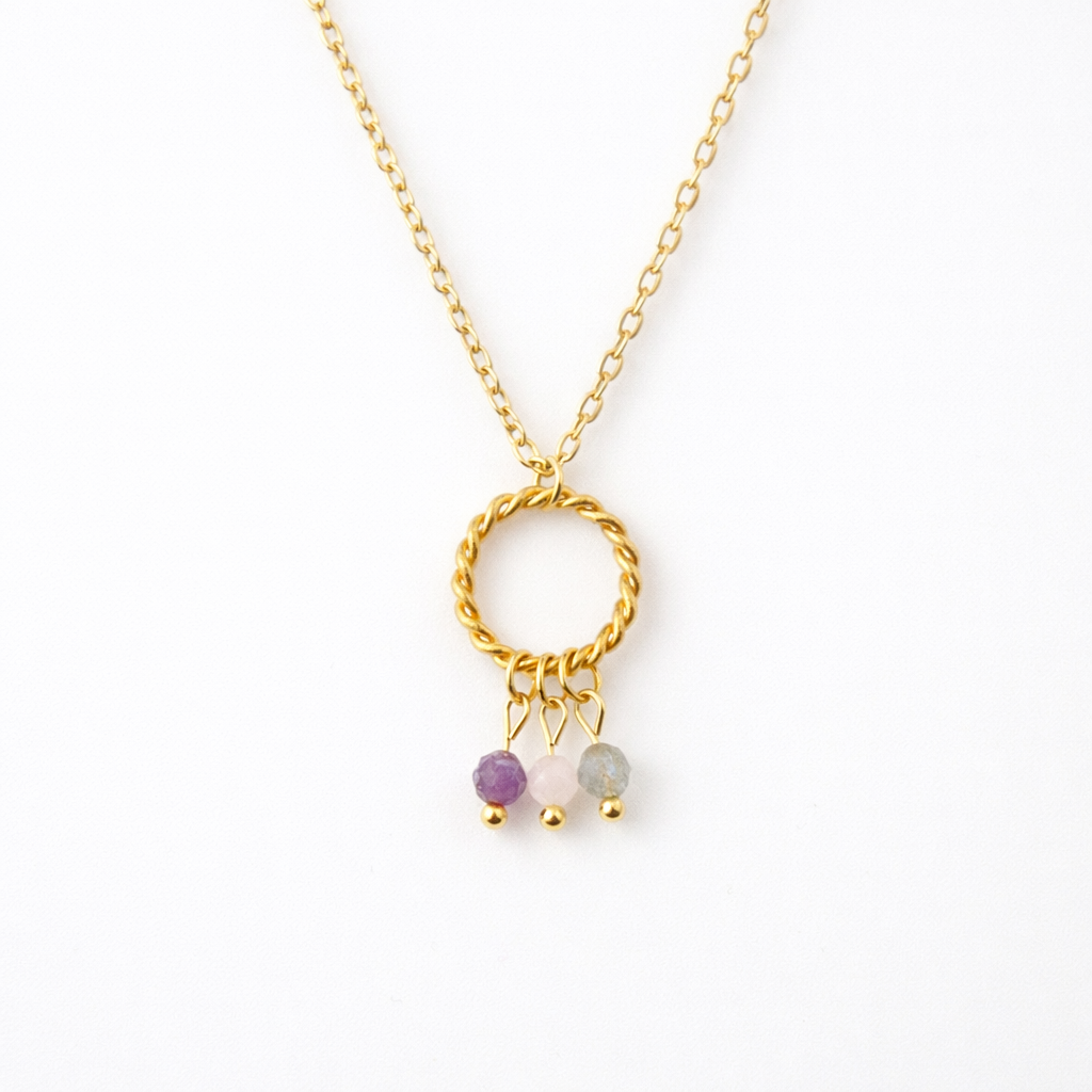 Ketting van goldplated stainless steel met labradoriet, amethist en rozenkwarts