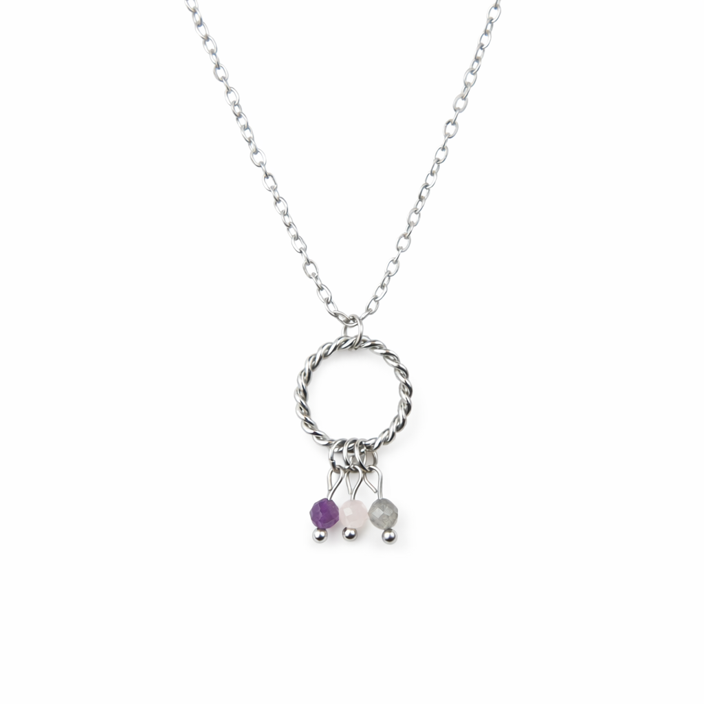 Ketting gemaakt van stainless steel met labradoriet, rozenkwarts en amethist