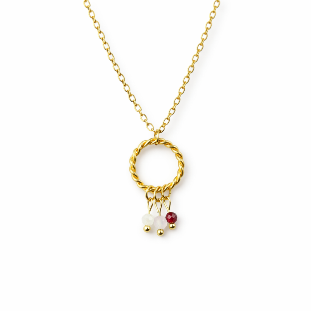 Ketting van goldplated stainless steel met rozenkwarts, maansteen en granaat