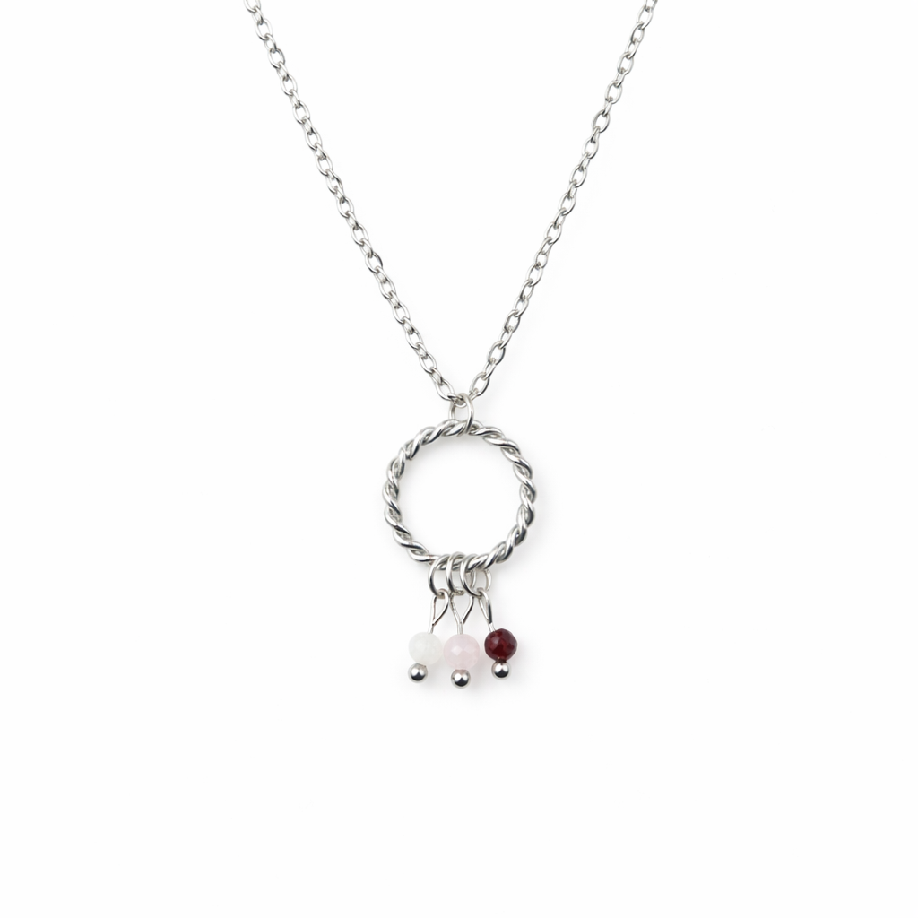 Ketting gemaakt van stainless steel met rozenkwarts, maansteen en granaat
