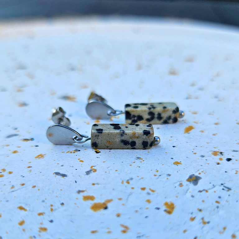 Oorbellen van zilverkleurig stainless steel met dalmatiër jaspis