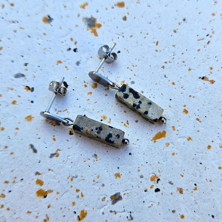 Oorbellen van zilverkleurig stainless steel met dalmatiër jaspis