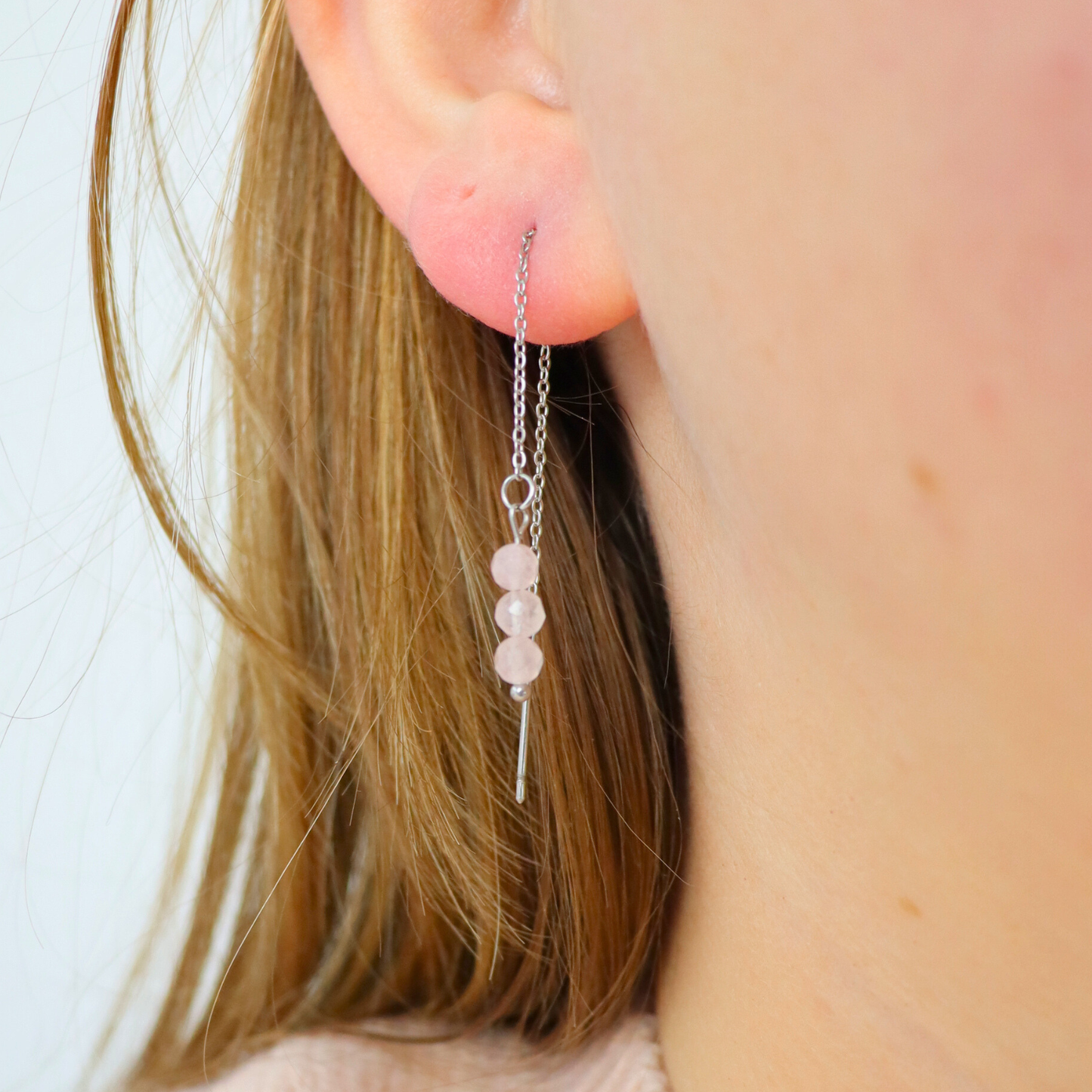 Threader oorbellen rozenkwarts zilver