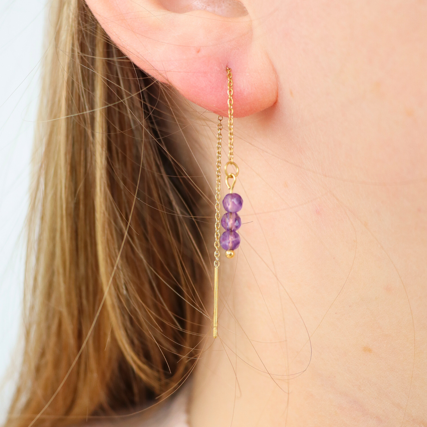 Threader earrings amethyst gold