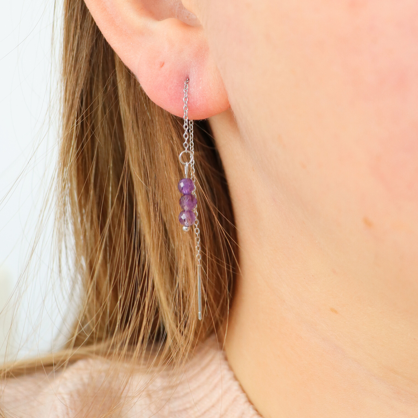 Threader earrings amethyst silver