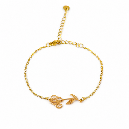 Armband van goldplated stainless steel met geboortebloem van februari: de iris