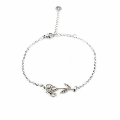 Armband gemaakt van stainless steel met geboortebloem van februari: de iris
