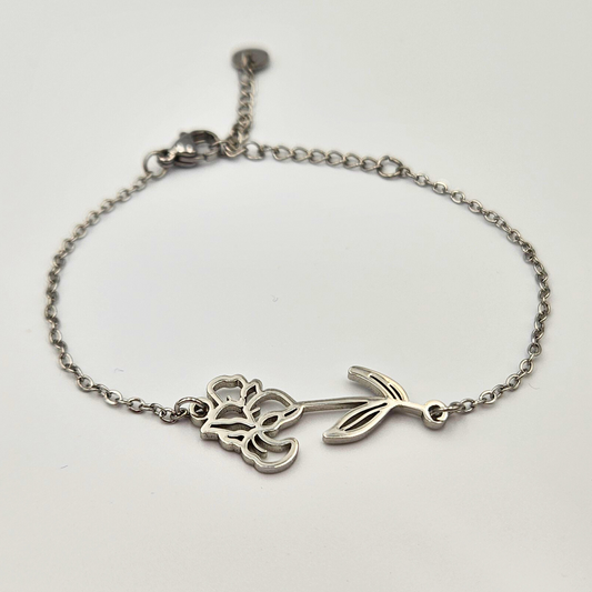 Armband gemaakt van stainless steel met geboortebloem van februari: de iris
