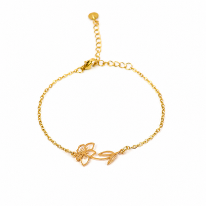 Armband van goldplated stainless steel met geboortebloem van maart: de narcis