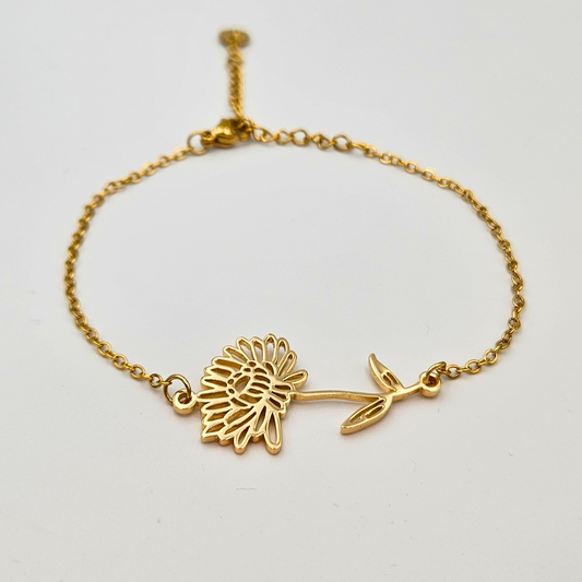 Armband van goldplated stainless steel met geboortebloem van november: de chrysant