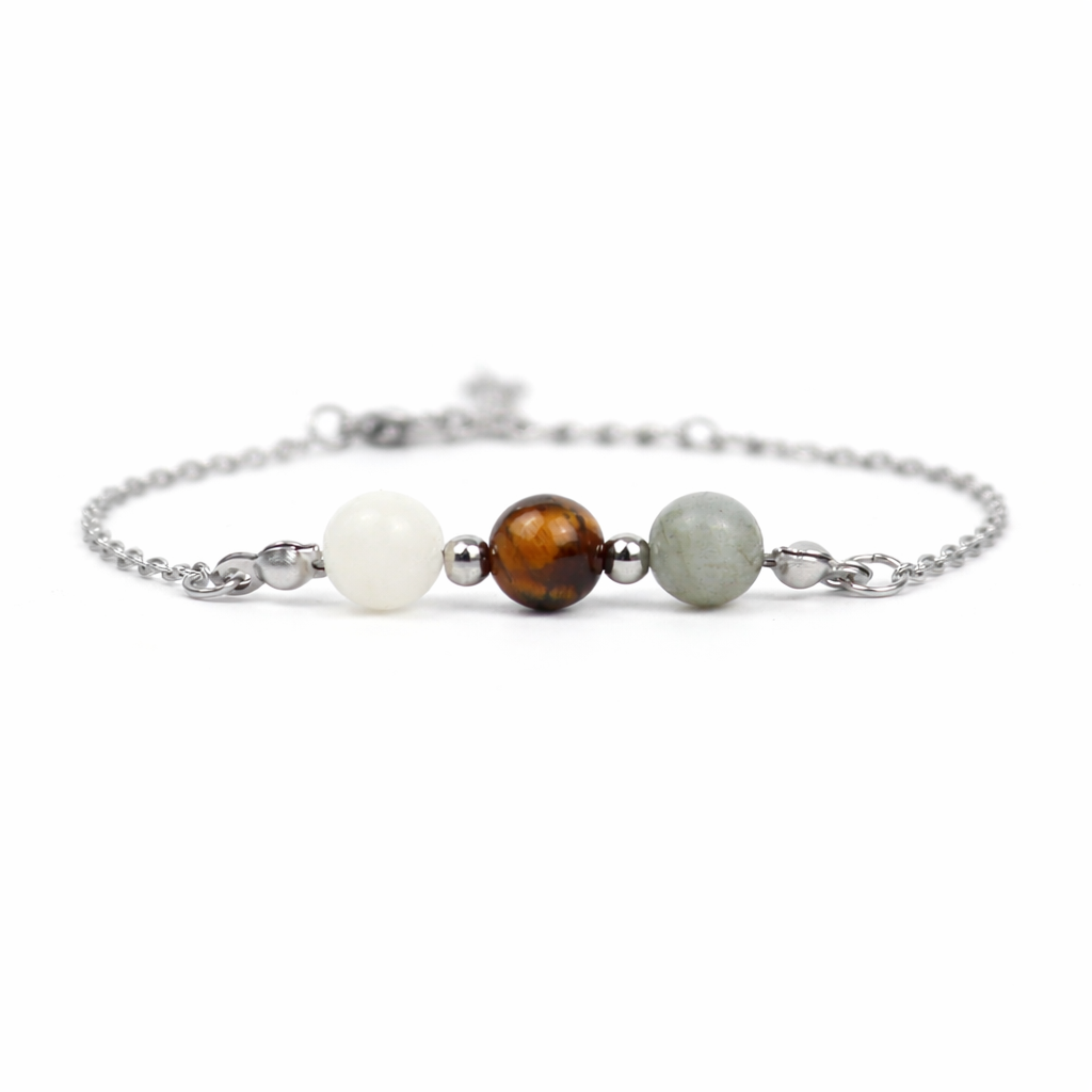 Armband van stainless steel met de 3 edelstenen die passen bij het sterrenbeeld boogschutter: maansteen, tijgeroog en labradoriet