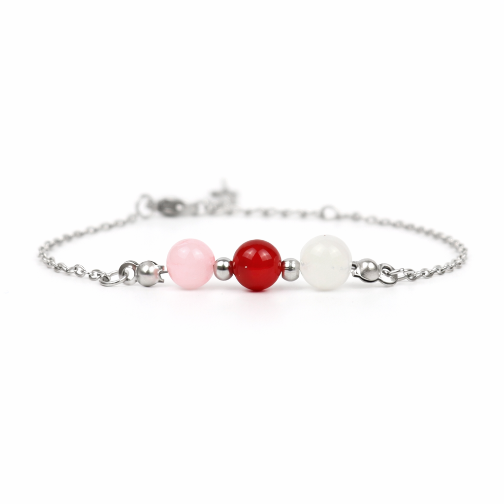 Armband van stainless steel met de 3 edelstenen die passen bij sterrenbeeld kreeft: carneool, rozenkwarts en maansteen