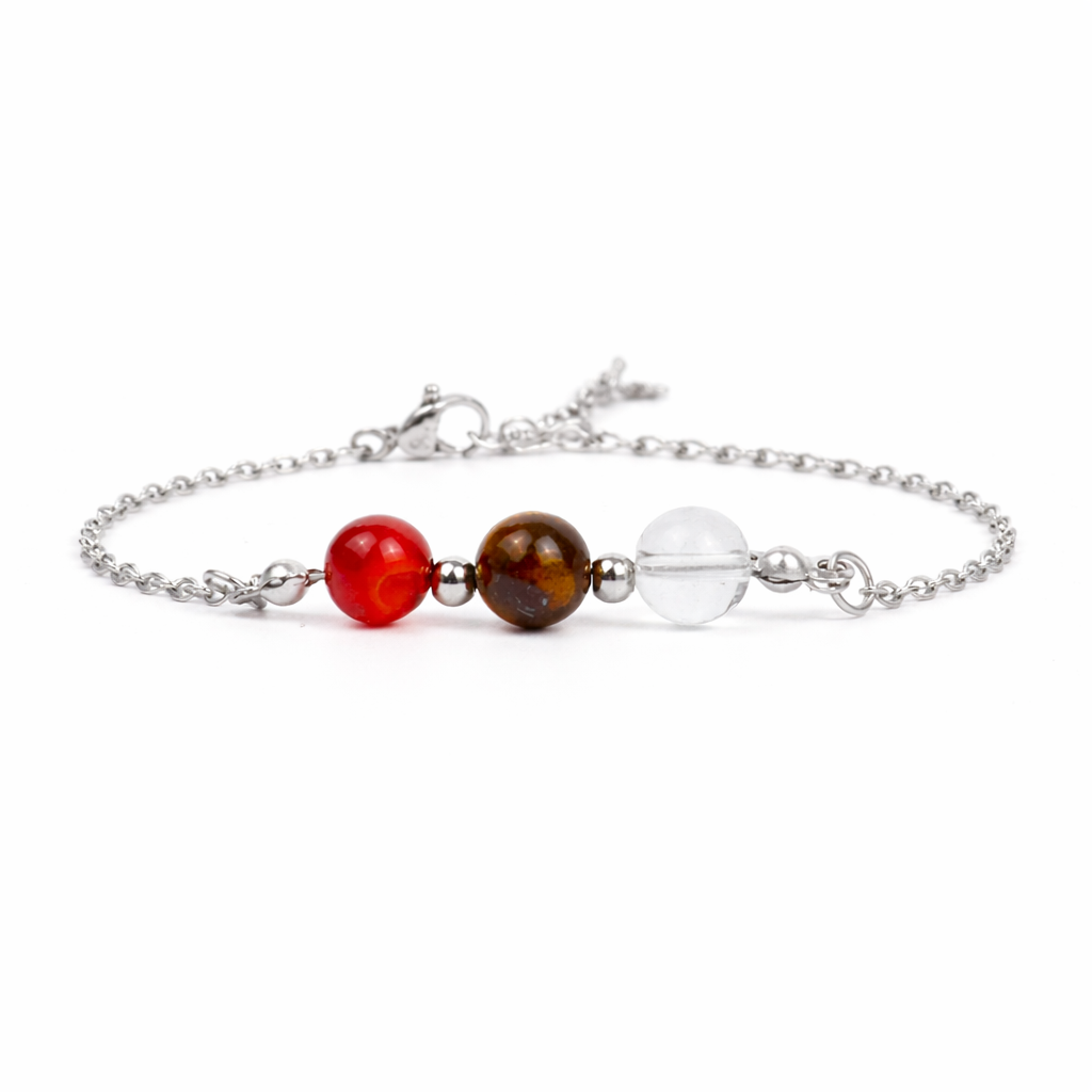 Armband van stainless steel met de 3 edelstenen die passen bij sterrenbeeld leeuw: carneool, tijgeroog en bergkristal