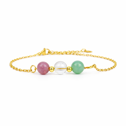 Armband van goldplated stainless steel met de 3 edelstenen die passen bij het sterrenbeeld maagd: lepidoliet, bergkristal en amazoniet