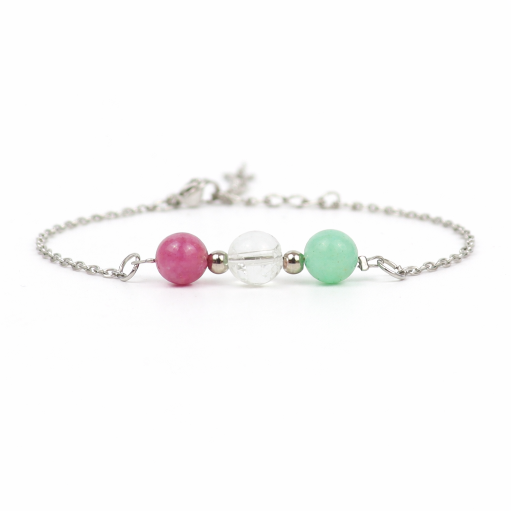 Armband van stainless steel met de 3 edelstenen die passen bij het sterrenbeeld maagd: lepidoliet, bergkristal en amazoniet