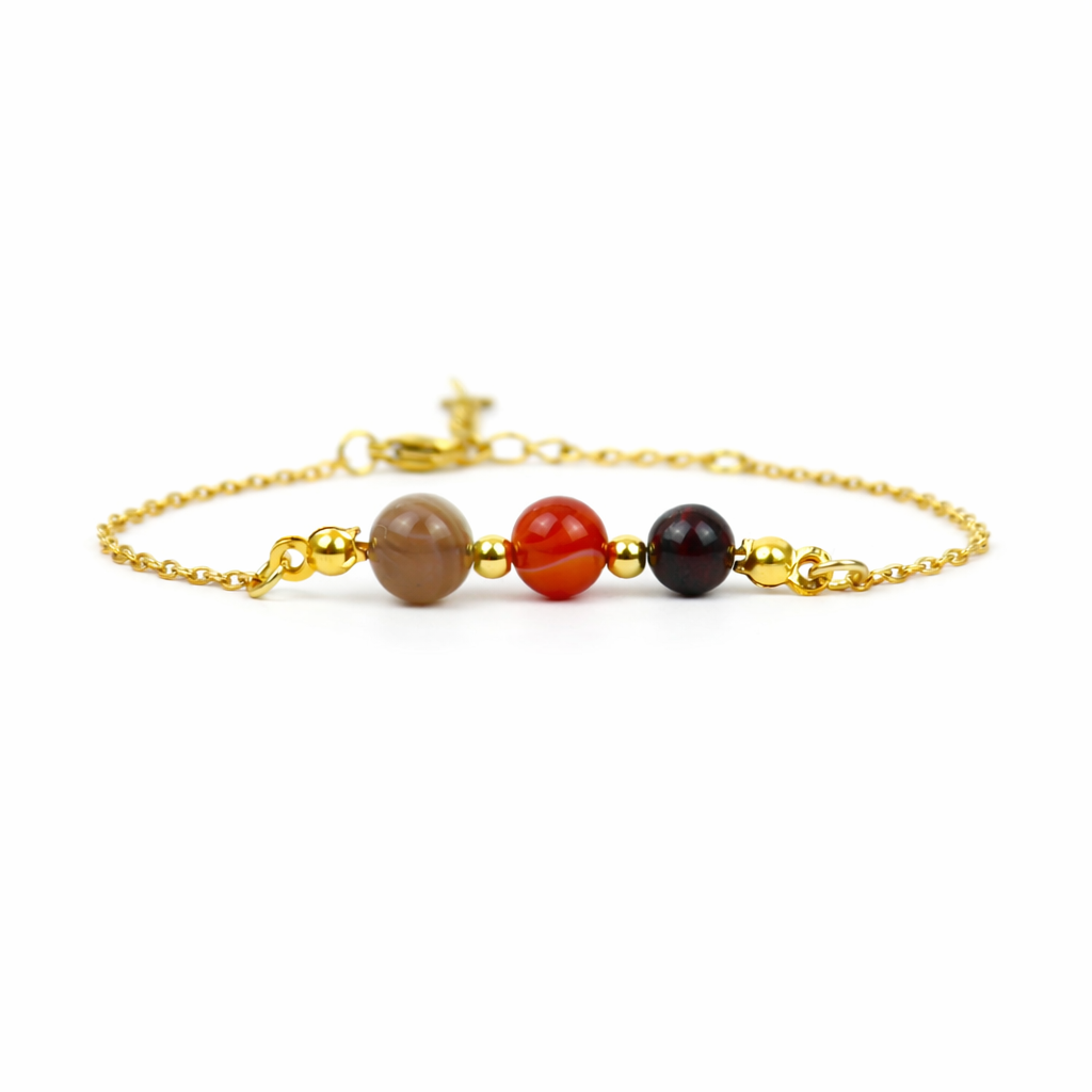 Armband gemaakt van goldplated stainless steel met de 3 edelstenen die passen bij sterrenbeeld ram: carneool, granaat en agaat