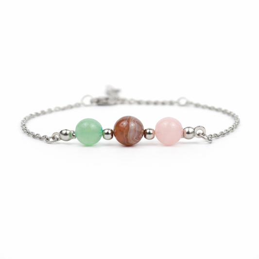 Armband van stainless steel met de 3 edelstenen die passen bij sterrenbeeld stier: aventurijn, rozenkwarts en agaat