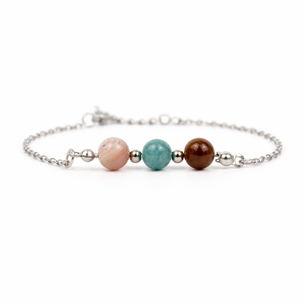 Armband van stainless steel met de 3 edelstenen die passen bij het sterrenbeeld tweelingen: tijgeroog, aquamarijn en agaat