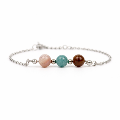 Armband van stainless steel met de 3 edelstenen die passen bij het sterrenbeeld tweelingen: tijgeroog, aquamarijn en agaat
