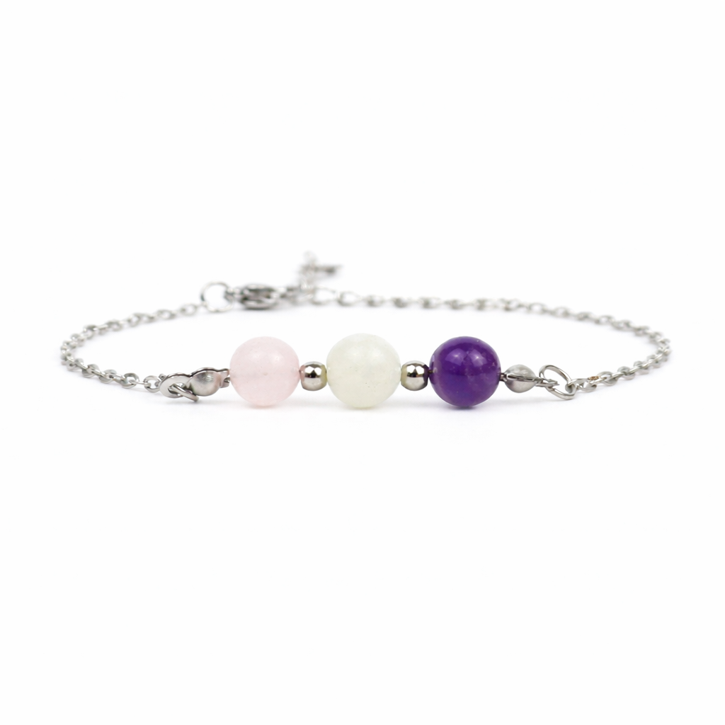 Armband van stainless steel met de 3 edelstenen die passen bij het sterrenbeeld vissen: rozenkwarts, maansteen en amethist