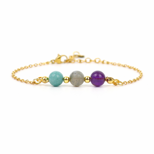 Armband van goldplated stainless steel met de 3 edelstenen die passen bij het sterrenbeeld waterman: aquamarijn, labradoriet en amethist
