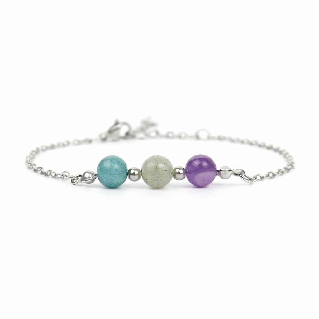 Armband van stainless steel met de 3 edelstenen die passen bij het sterrenbeeld waterman: aquamarijn, labradoriet en amethist