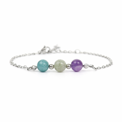 Armband van stainless steel met de 3 edelstenen die passen bij het sterrenbeeld waterman: aquamarijn, labradoriet en amethist