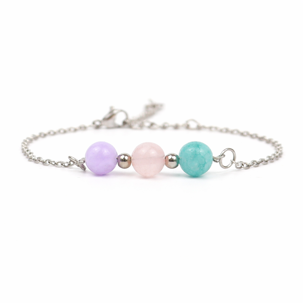 Armband van stainless steel met de 3 edelstenen die passen bij het sterrenbeeld weegschaal: rozenkwarts, aquamarijn en lila jade