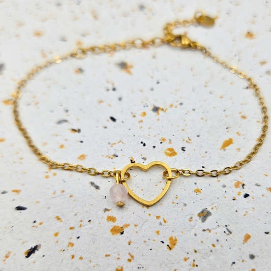 Armband rozenkwarts hart goud