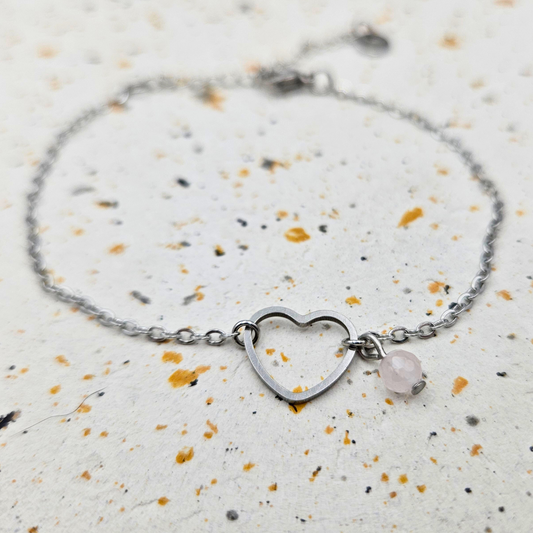 Armband rozenkwarts hart zilver