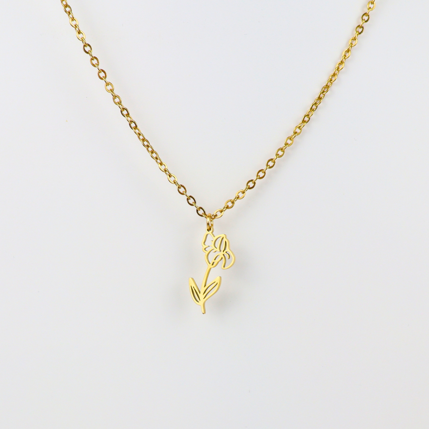 Ketting van goldplated stainless steel met geboortebloem van februari: de iris
