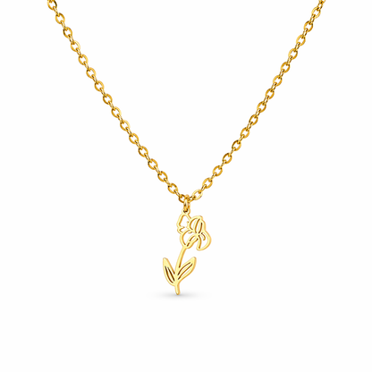 Ketting van goldplated stainless steel met geboortebloem van februari: de iris